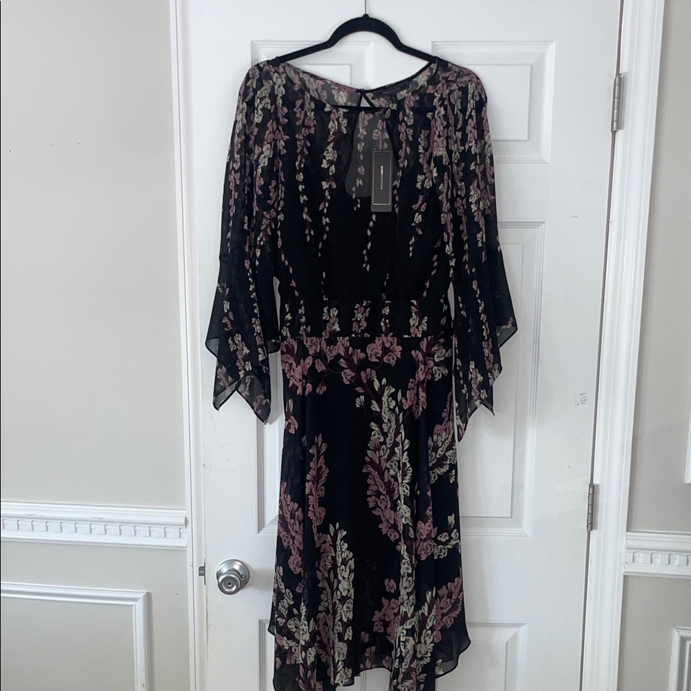 BCBGMaxAzria Black and Pink Floral Long Sleeve Dress